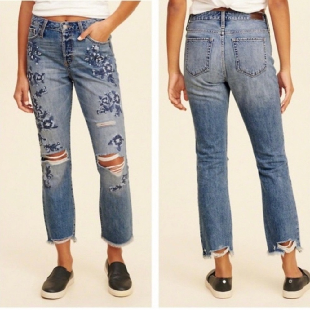 Hollister High Waisted Distressed Floral Embroidered Jeans